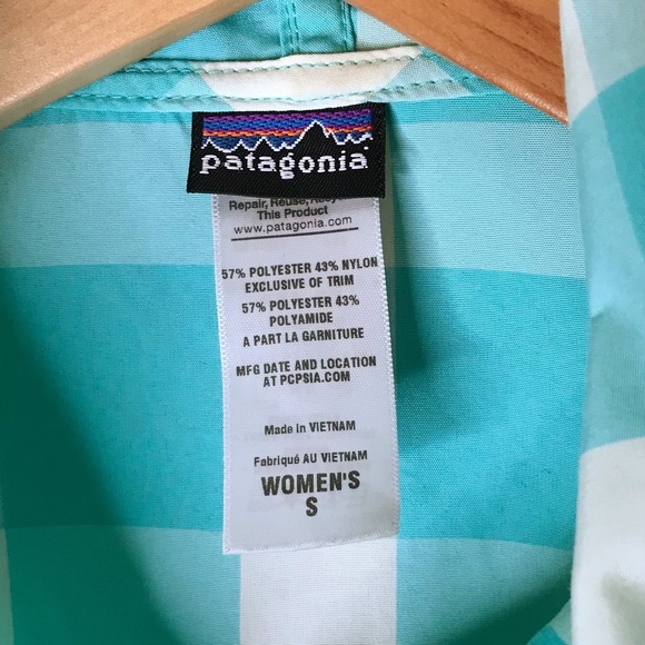 Women's Small Patagonia Check Gingham Shell Jacket Coat Aqua Cream Windbreaker - Picture 4 of 11